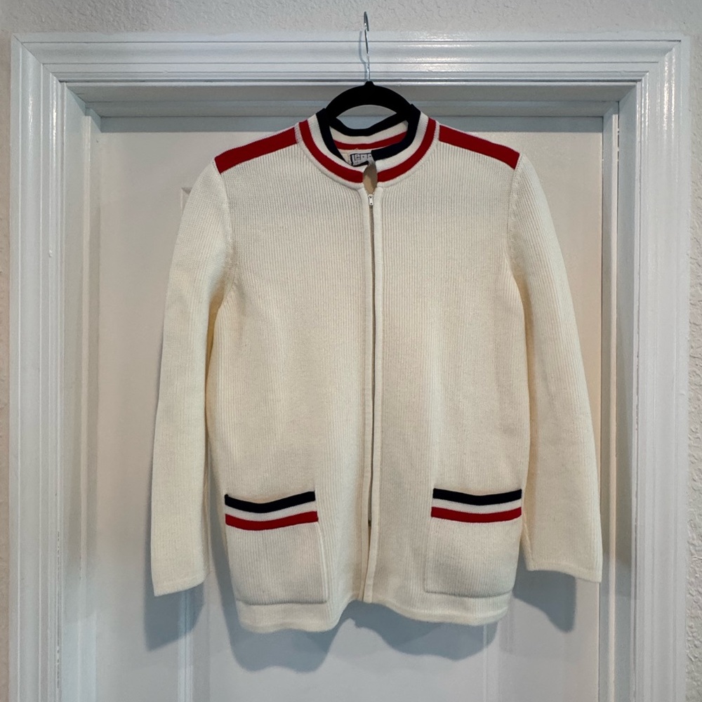 Cream Zip-Up Cardigan with Red and Black Accents
